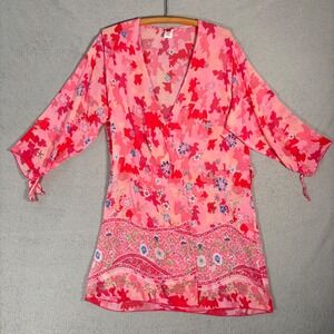 Josie‎ Natori Kimono Robe Large Pink Camouflage Floral Print Wrap Tunic Top Boho